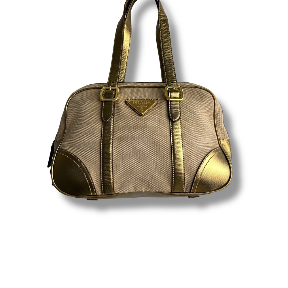 Prada Beige Canvas Metallic Gold‎ Saffiano Leather Satchel Handbag Made in Italy